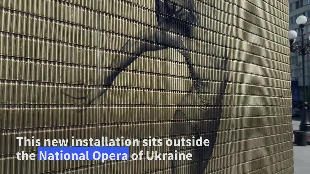 Ballerina on bullet casings installed outside Ukraine opera house