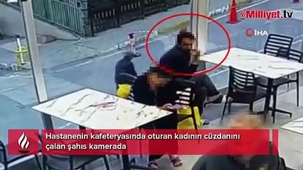 Bağcılar’da hastanenin kafeteryasında oturan kadının cüzdanını çalan şahıs kamerada
