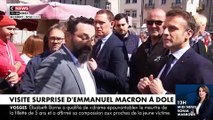 Regardez Emmanuel Macron en visite surprise sur le marché de Dole dans le Jura, interpellé par un homme : 