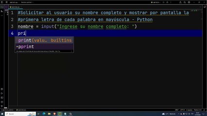 Solicitar al usuario su nombre completo y mostrar por pantalla la primera letra de cada palabra en mayúscula en Python