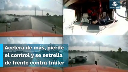 Automovilista rebasa a exceso de velocidad y termina chocando de frente contra tráiler