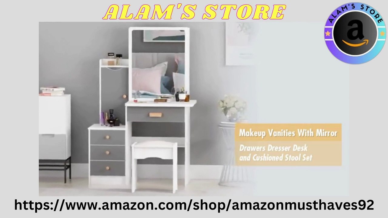 FAMAPY Vanity Desk with Mirror and Lights and Drawers, Vanity Mirror with Lights Desk and Chair, Wood Makeup Vani_21422841