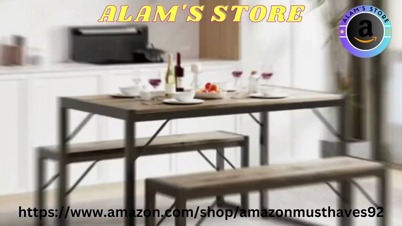 Gizoon 45.5 Dining Table Set for 4, Kitchen Dining Table with 2 Benches, Dining Room Table Set with Metal Frame & MDF Board, Space-Saving Dinette for Kitchen, Dining Room -Grey (2)