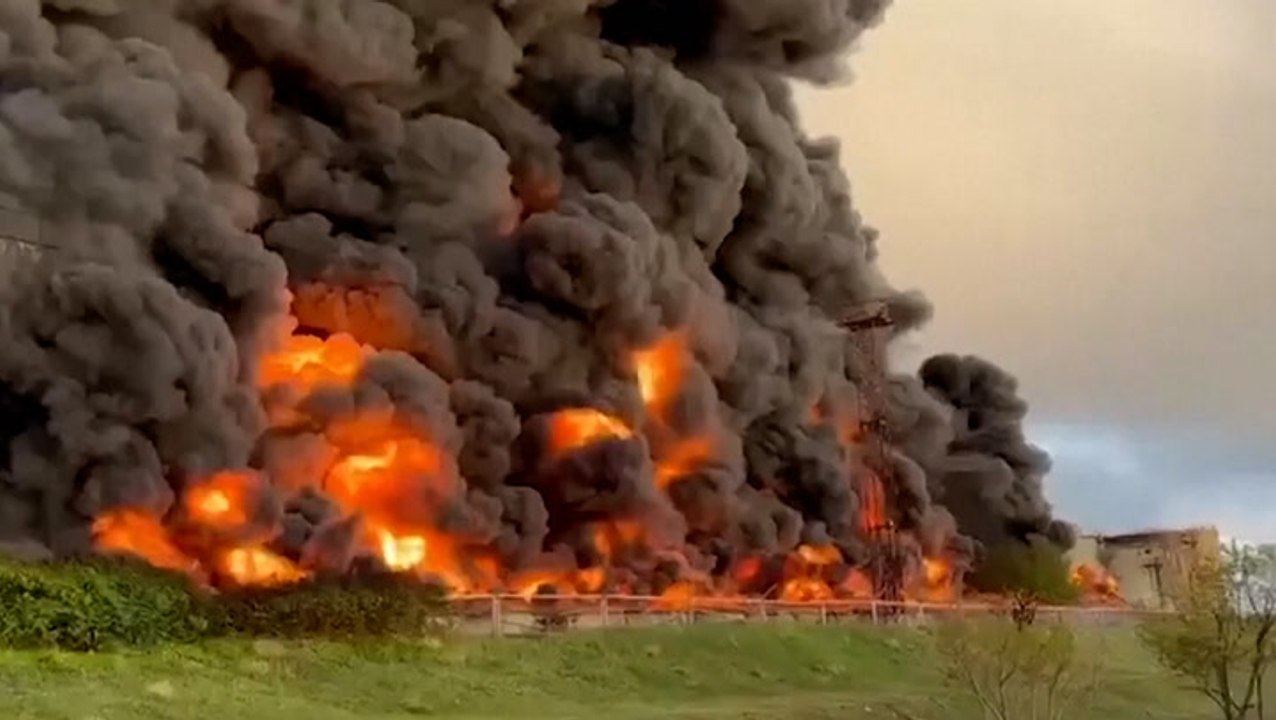 Black smoke engulfs sky after suspected drone attack on Crimea oil depot