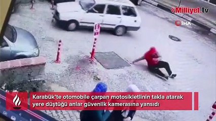 Otomobile çarparak takla atan motosikletli kameraya yansıdı