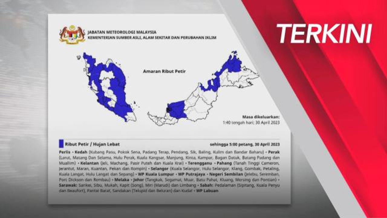Hujan lebat, ribut petir dijangka seluruh negara sehingga 5.30 petang