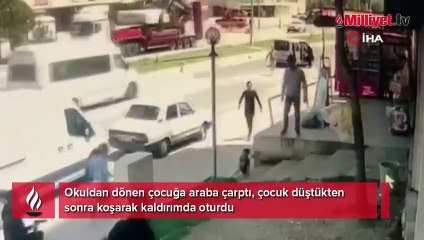 Okuldan dönen çocuğa araba çarptı, çocuk düştükten sonra koşarak kaldırımda oturdu