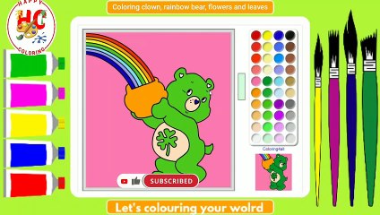 Coloring clown, rainbow bear, flowers and leaves