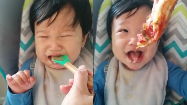 Picky baby prefers PIZZA to baby food!