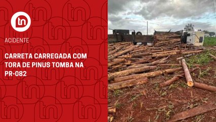 Carreta carregada com tora de pinus tomba na PR-082