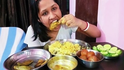 Spicy chicken curry with white rice and fulko luchi-Eggplant potal fried-Gulab jamun sweets and salad