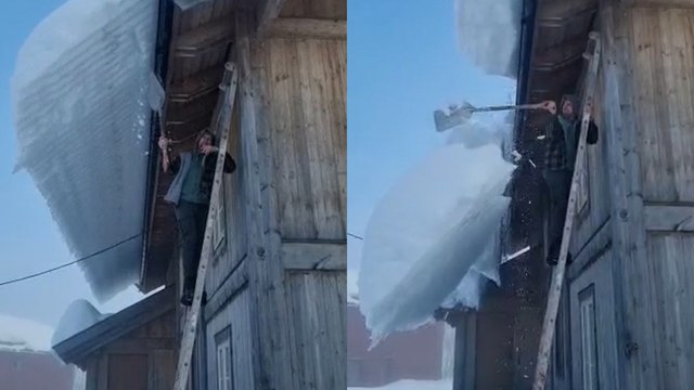 Man triggers AVALANCHE while trying to clear snow off his roof!