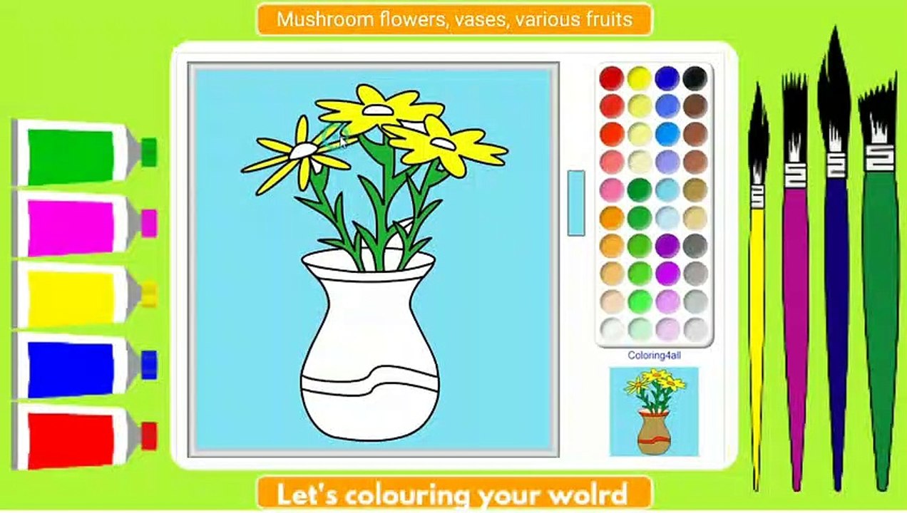 Coloring mushroom flowers, flower vases, various fruits