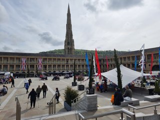 Crowds arriving at the Piece Hall for the Coronation live screening