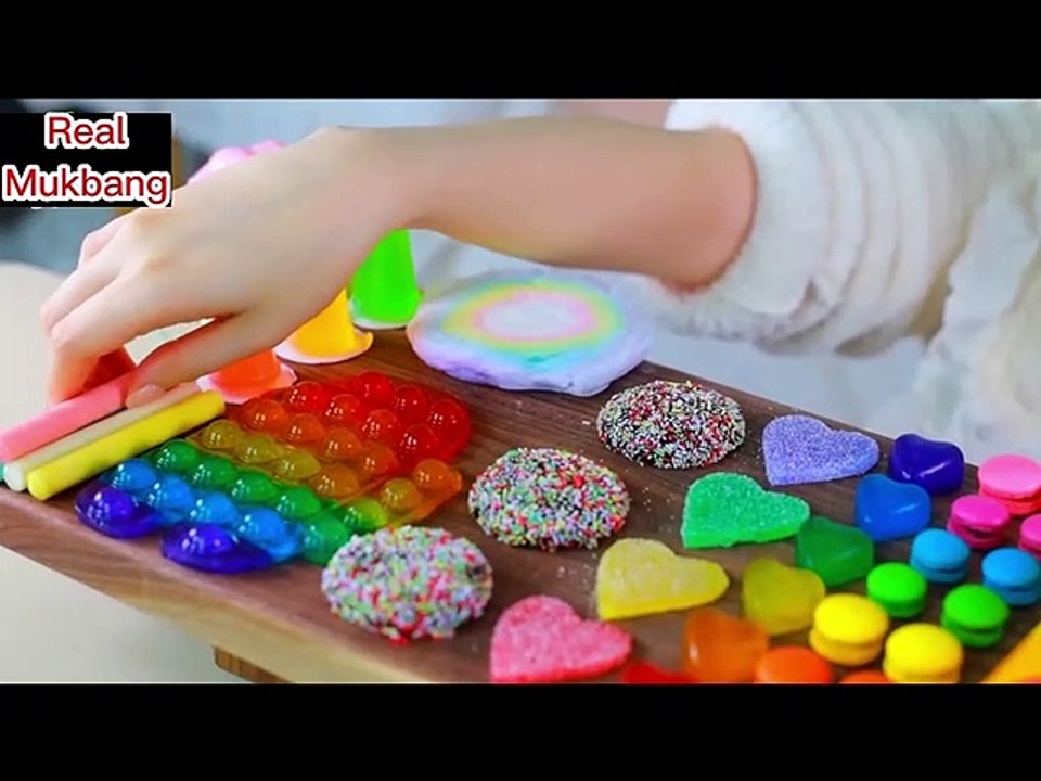 ASMR MUKBANG Rainbow Desserts! Push pop Jelly, Condensed milk Chocolate, Chewy Ice cream, Kohakuto.