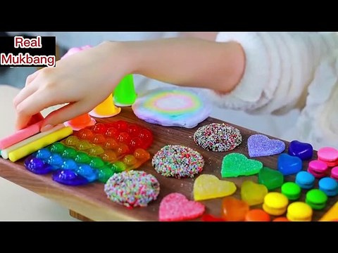 ASMR MUKBANG Rainbow Desserts! Push pop Jelly, Condensed milk Chocolate, Chewy Ice cream, Kohakuto.