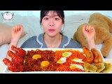 ASMR MUKBANG Black bean noodles & Fire noodles. Seasoned Chicken, Frank Sausage, Fried Dumplings.