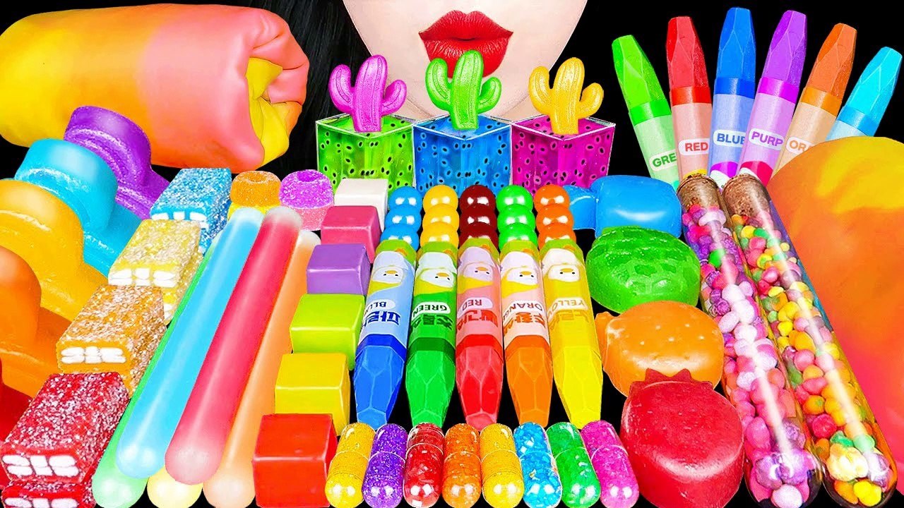 ASMR RAINBOW CRAYONS KOHAKUTO SNACK JELLY EATING SOUNDS MUKBANG