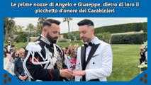 Le prime nozze di Angelo e Giuseppe, dietro di loro il picchetto d'onore dei Carabinieri