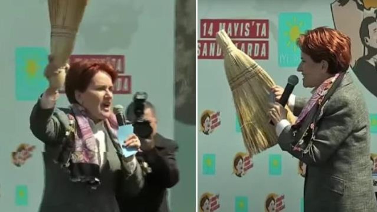 Akşener'i hiç böyle görmediniz! Eline aldığı süpürgeyi sallayarak söyledi: Böyle süpüreceğiz onları