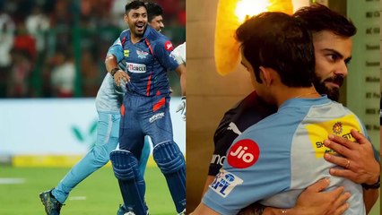 Gautam Gambhir Virat Kohli hugging each other after last over thriller in RCB vs LSG Match