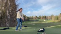 Woman Takes Shot But Hits Tee and Misses Golf Ball