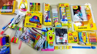 unboxing collection of flair, stationery set, eraser, pencil, pen, highlighter, crayon, colours set