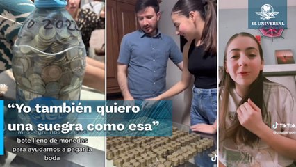 Mujer regala a su hijo un bote lleno de monedas de 10 pesos para ayudar a pagar su boda