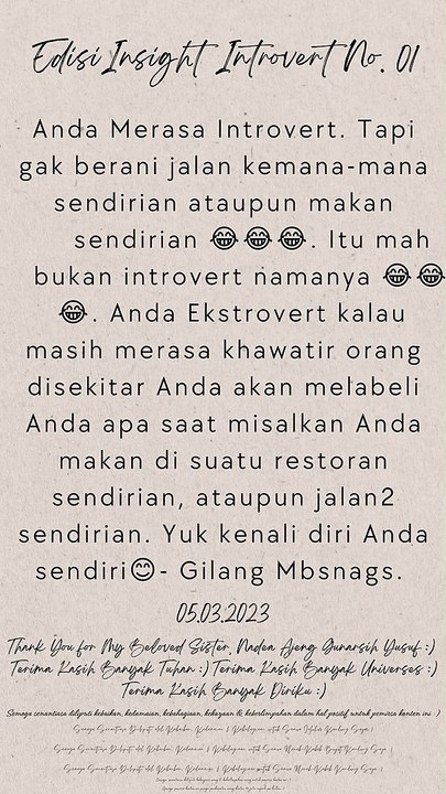 Edisi Insight Introvert No. 01 - Gilang Mbsnags #introvert #jalansendirian #makansendirian #kenalidirisendiri #ekstrovert #psikologi #pengembangandiri #gilangmbsnags
