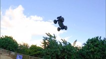 RC truck does an INSANE triple flip on a jump at skatepark