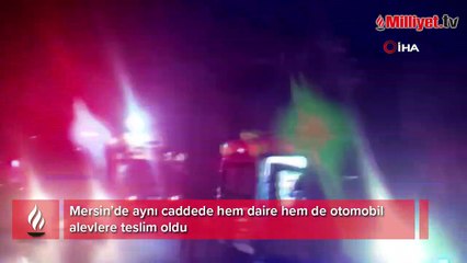 Aynı caddede hem daire hem de otomobil alevlere teslim oldu