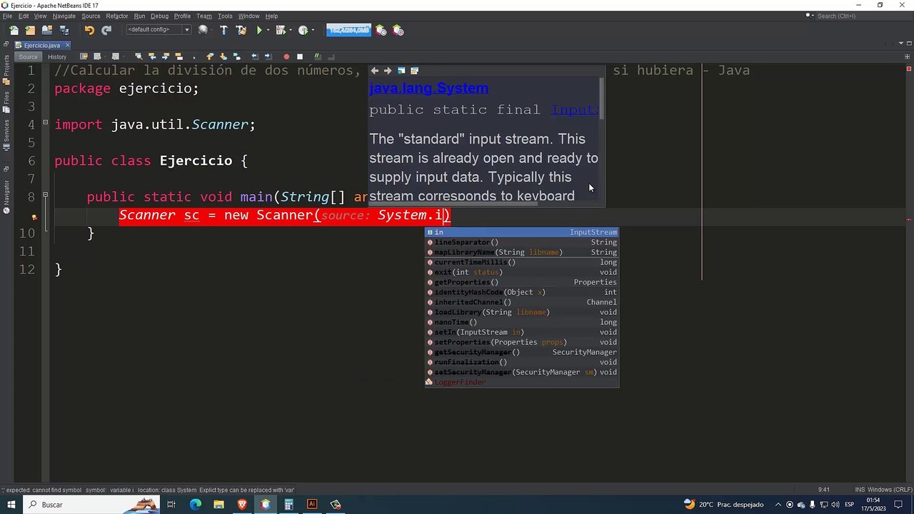 Calcular la división de dos números, mostrando un mensaje de error si hubiera en Java