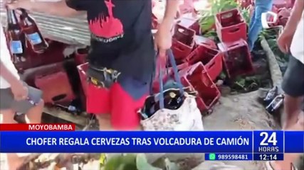 Moyobamba: pobladores "rescatan" botellas de cerveza de camión volcado