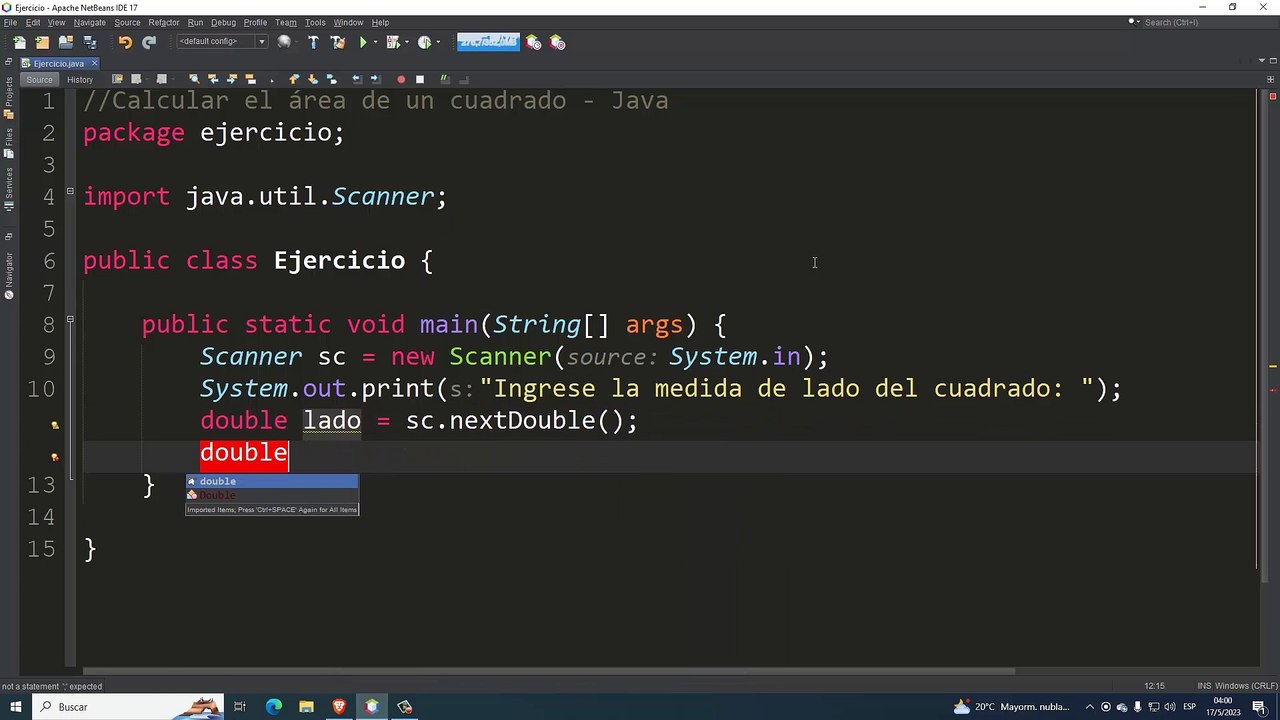 Calcular el área de un cuadrado en Java