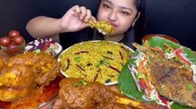 Mukbang Indian chicken curry, lamb, grilled fish, yellow rice, tomatoes