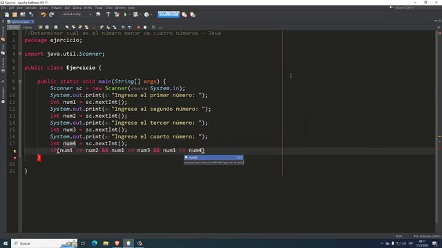 Determinar cuál es el número menor de cuatro números en Java