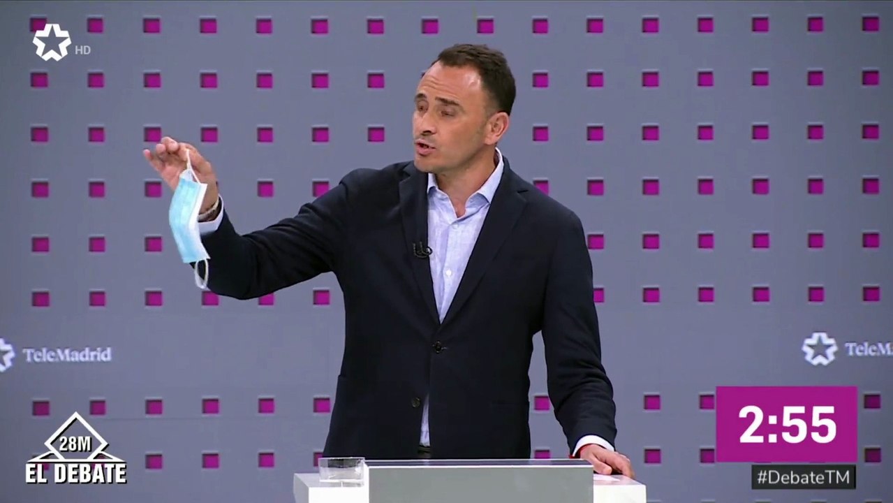 Sotomayor (Podemos) se pone una mascarilla en el debate de Telemadrid para denunciar el 'caso mascarillas'