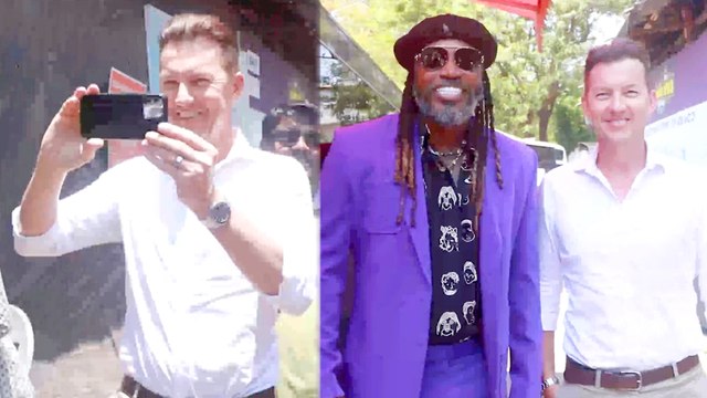 Chris Gayle और Brett Lee एक साथ फिल्म सिटी में आए नजर