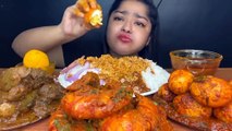Mukbang large spicy fried prawns, Indian curried egg, lamb chops and onions