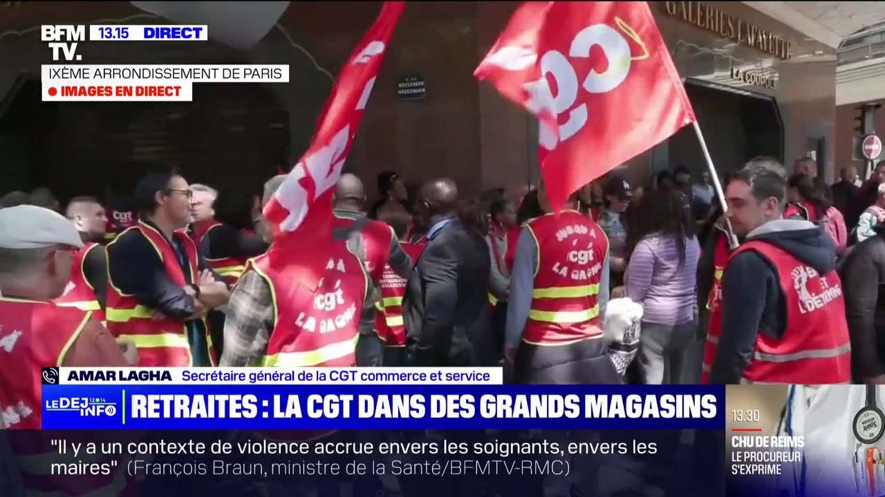 Retraites: action coup de poing de la CGT devant les Galeries Lafayette dans le 9ème arrondissement de Paris