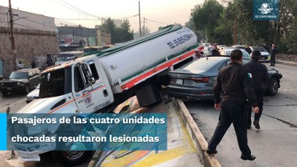 Pipa se queda sin frenos y choca con cuatro vehículos