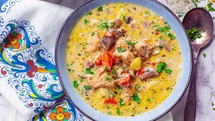 The Best Creamy Chicken Stew with bacon, white wine, & parmesan!