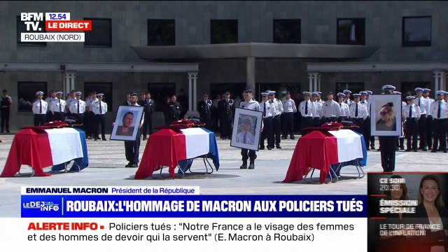 À la vue de vos trois cercueils, n'existe que la sidération devant l'injustice et l'absurde : Emmanuel Macron rend hommage aux trois policiers tués