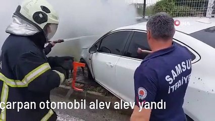 Park halindeyken hareket edip direğe çarpan otomobil alev alev yandı