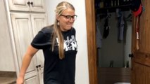 Playful woman has a fun reaction when she forgets how to skip