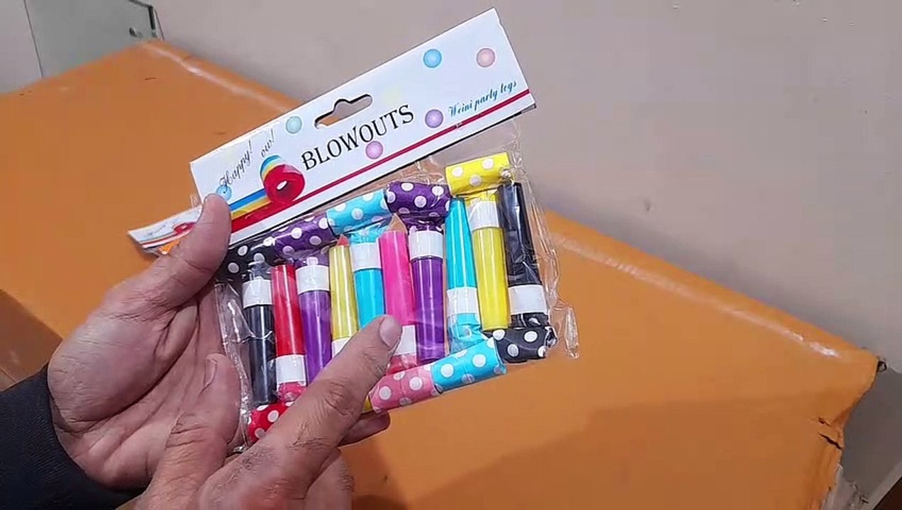 Unboxing and Review of Blowouts Paper Blow Outs Noise Makers Whistle Horn for Kids