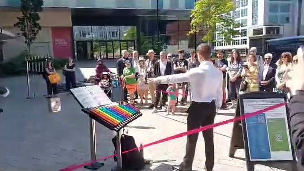 Percussionist Michael Armitage shows how to play all the new instruments at Sheffield's Pocket Park