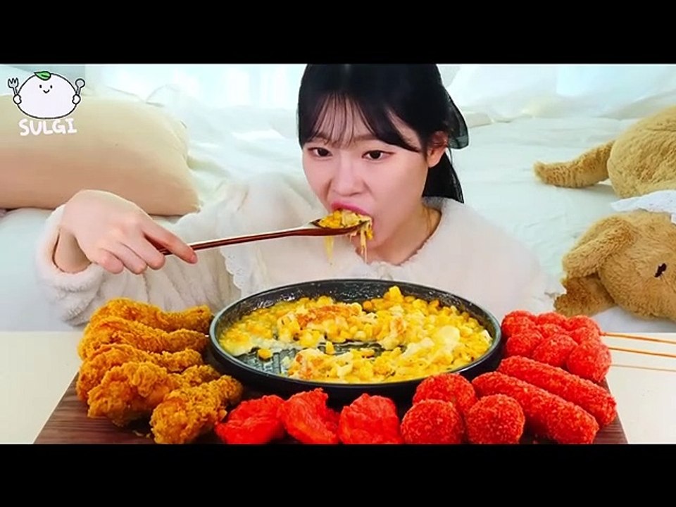 ASMR MUKBANG Corn cheese and Cheetos, chicken, Deep-Fried Sweet potatoes, Cheese ball, Sausage.