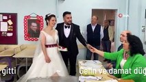 Gelin ve damat düğünden önce oy kullanmak için sandık başına gitti