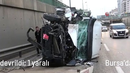 Bursa'da kontrolden çıkan ticari minibüs devrildi: 1 yaralı